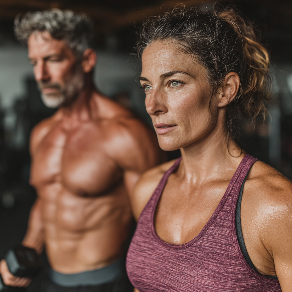 Active middle-aged man and woman in their 40s exercising together in modern gym, showing strength and determination during workout session