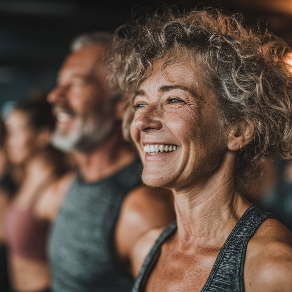 Group of energetic adults aged 40-55 participating in group fitness class, showing camaraderie and motivation during workout session