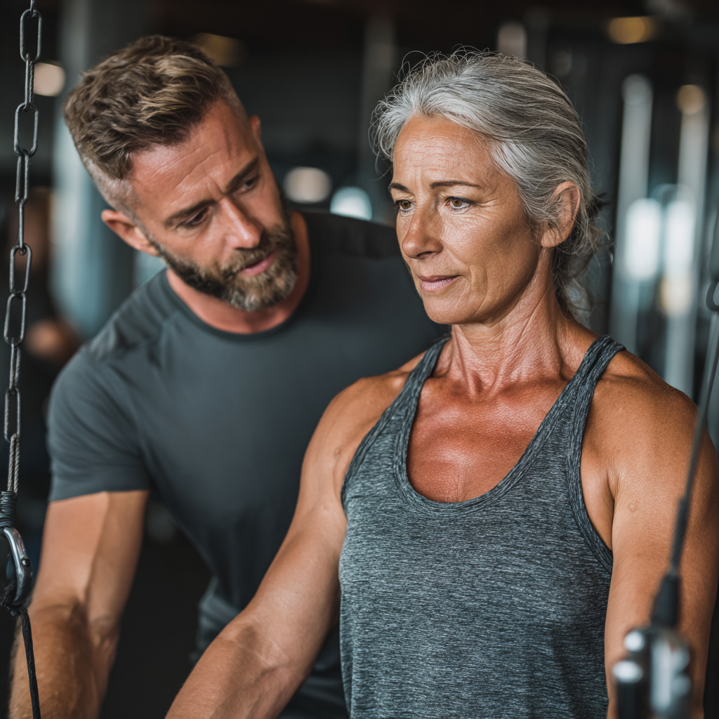 Professional fitness trainer working with mature client in their 50s, demonstrating proper exercise form in well-equipped gym environment